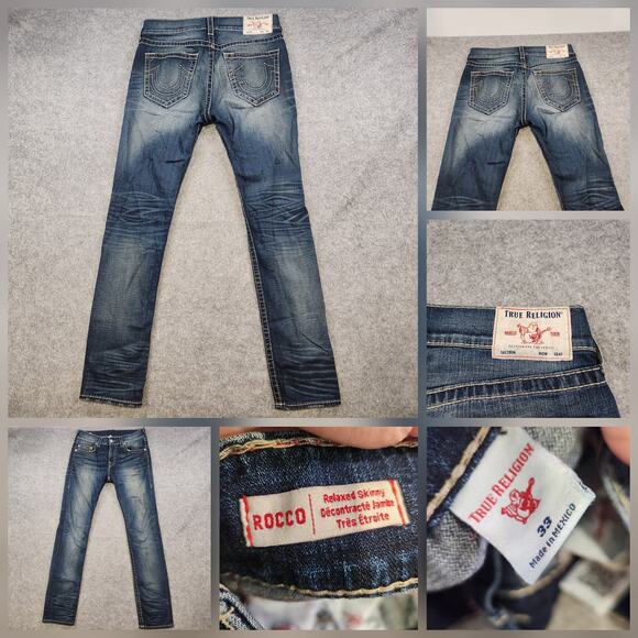 VTG True Religion Jeans Mens 33X34 Blue Rocco Relaxed Skinny Big T Stitch Denim - Picture 1 of 16